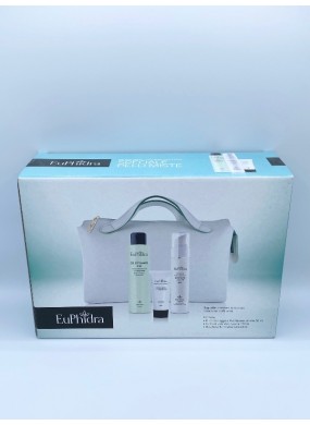 Baguette in tessuto accoppiato bianco con profili verdi. Crema idratante leggera mat, gel esfoliante viso, maschera illuminante.